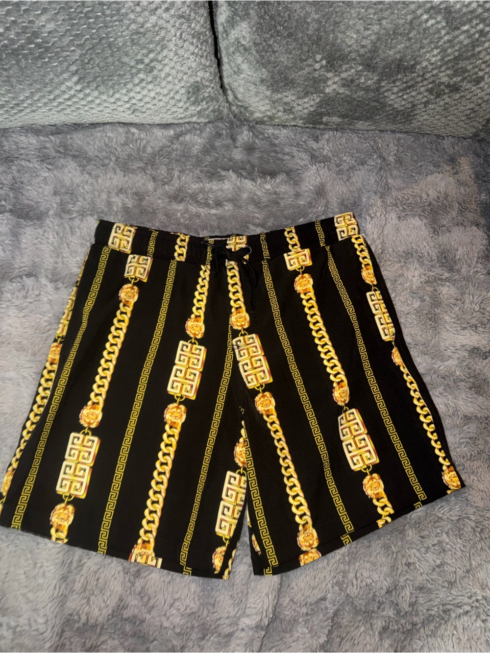 Men's Black Athletic Shorts with Gold Chain Print